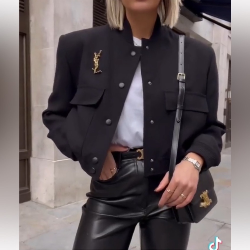 Zara Black Cropped Bomber Jacket with Gold Pins